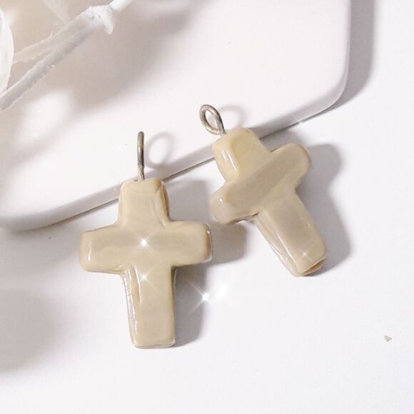 Boho Earrings  021L# Mocha Cross Pressed Glass on brass metal - Picture 1 of 4